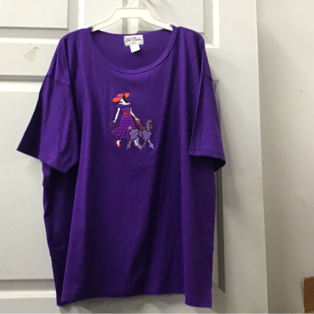 purple shirt Get Lucky lady red hat walking poodle (smaller appliqué)